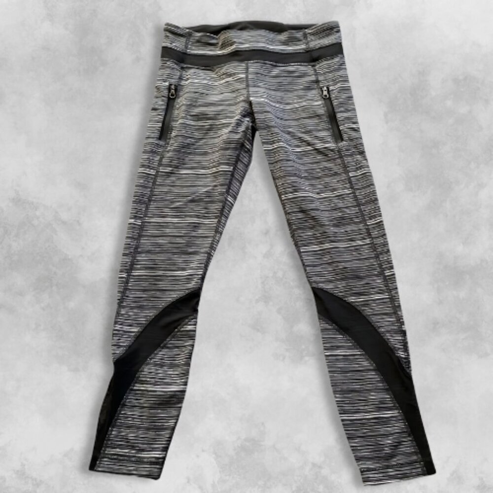 Lululemon Mid-Rise Leggings Breathable Mesh Detail Zippered Pocket Gray Black 4